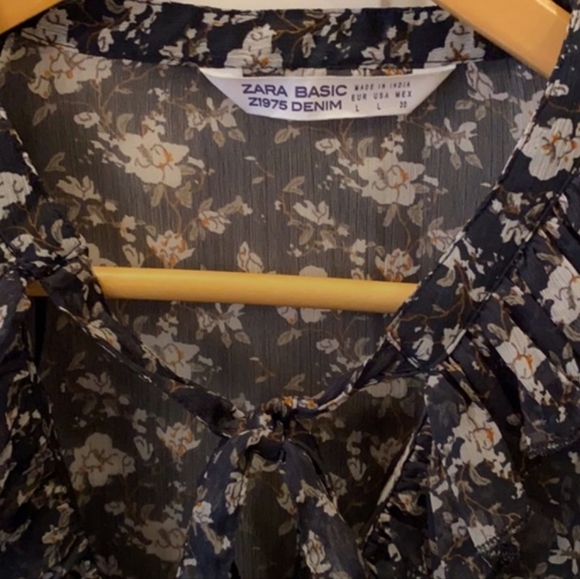 Zara sheer black floral blouse with ruffle & tie. Large. - Picture 2 of 8